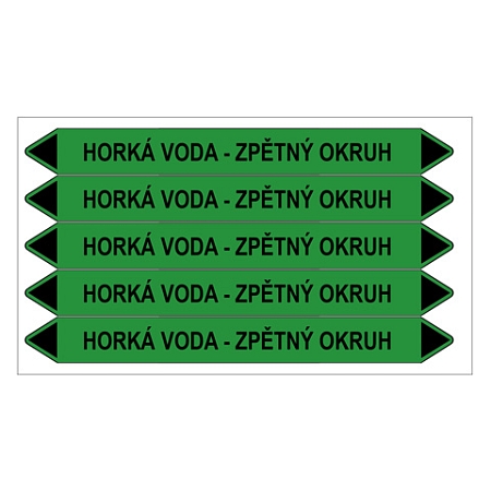 Značení potrubí, horká voda - zpětný okruh,5 ks, 150 × 12 mm